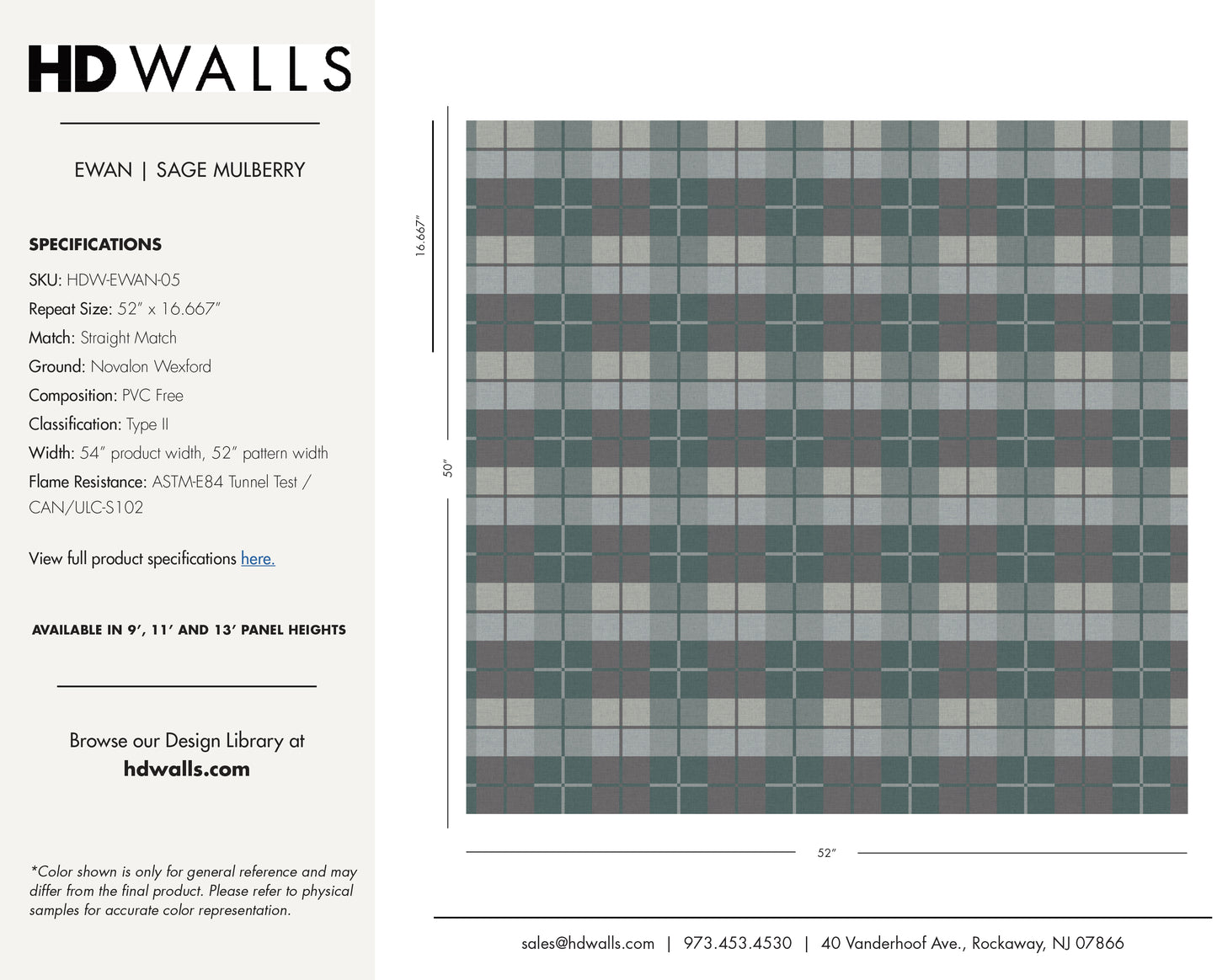 Ewan Sage Mulberry contract wallcovering technical specifications tearsheet tracking sustainable cellulose blend and low VOC compliance.