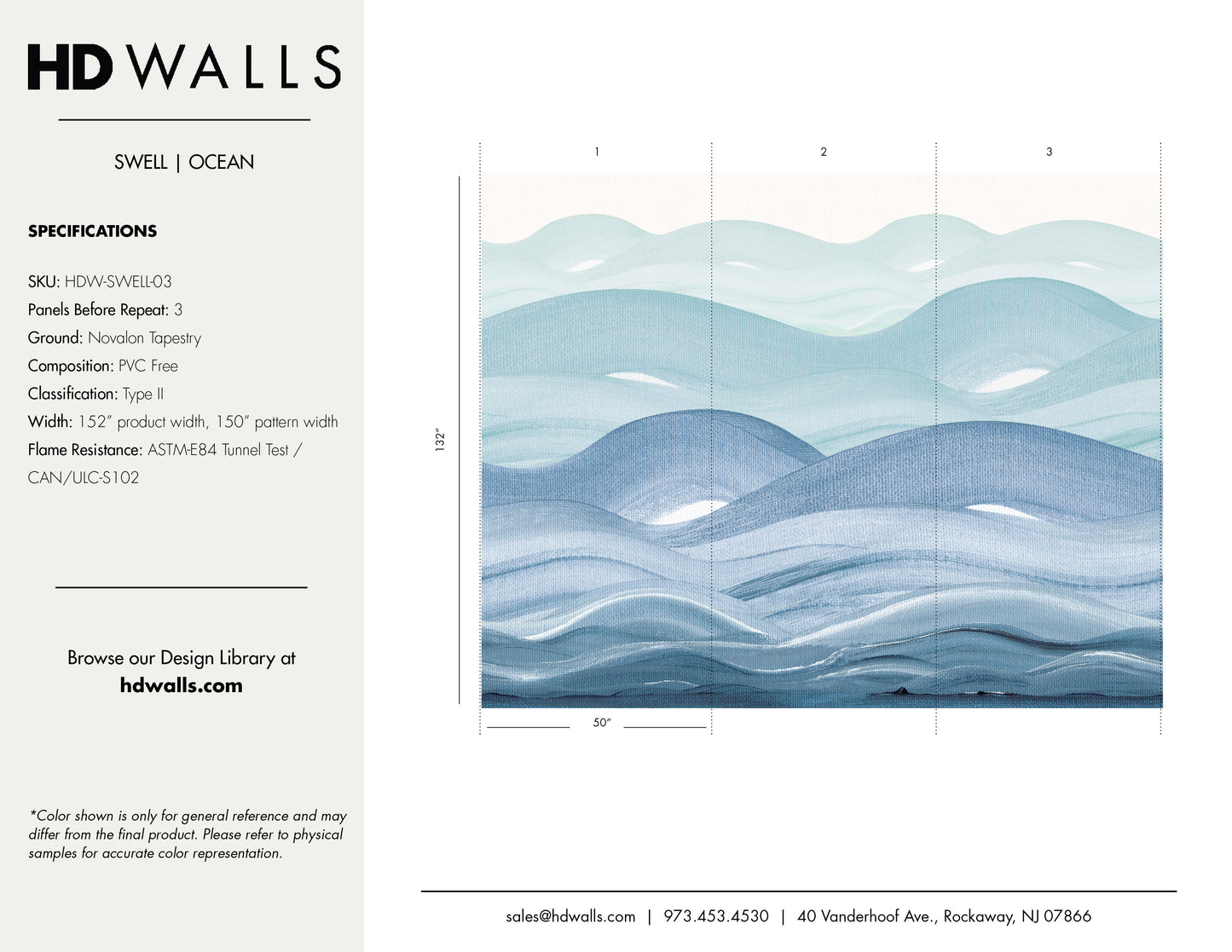 Swell Ocean contract-grade wallcovering technical specifications detailing Class A fire rated data, impact resistance, and commercial performance.