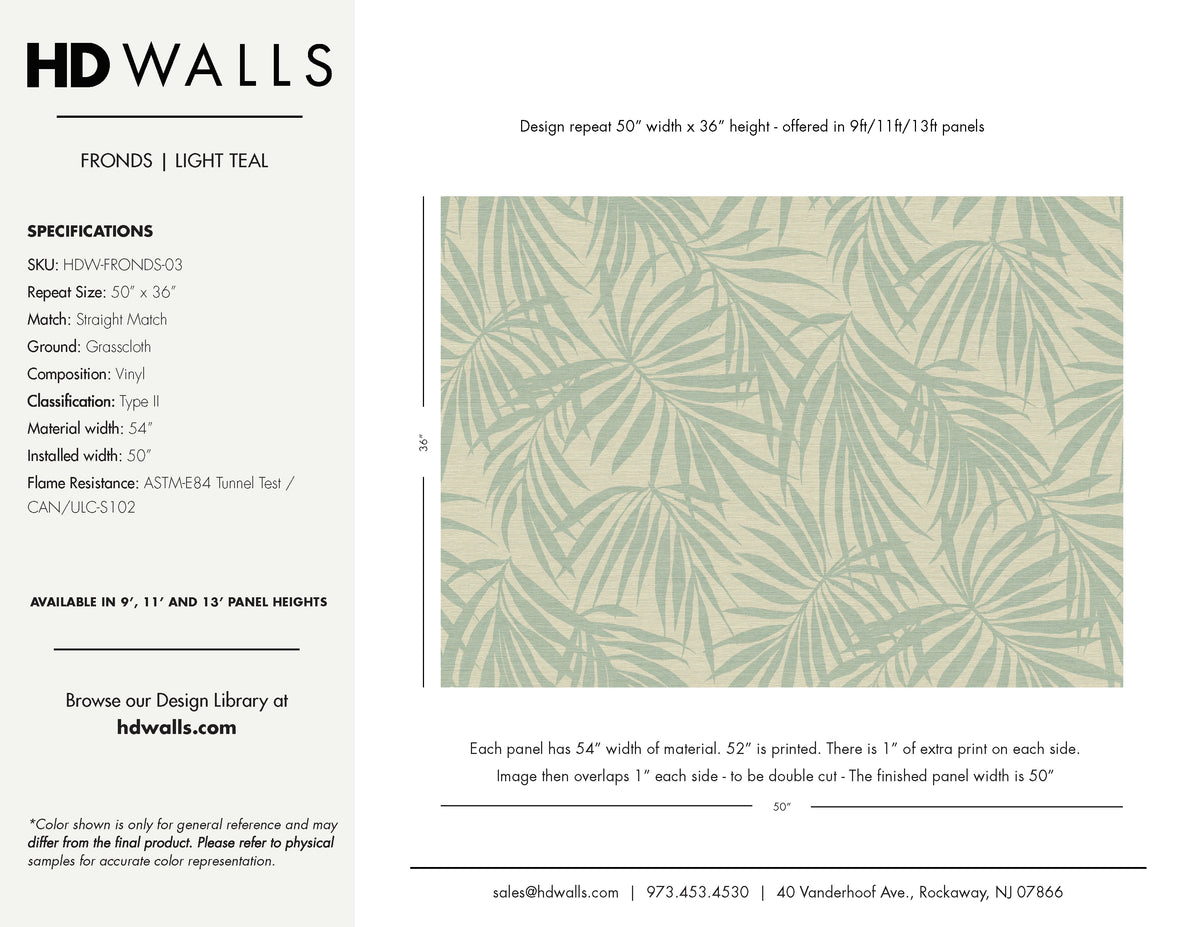 Fronds Light Teal wallcovering spec sheet — aqua palm frond commercial vinyl
