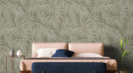 Fronds Silhouette Hemp Green by HDWALLS — tropical palm wallcovering shown in a room setting