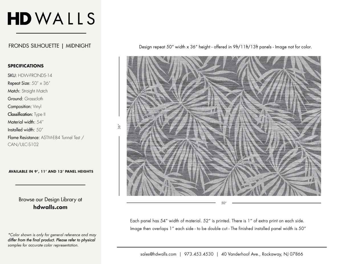 Fronds Silhouette Midnight by HDWALLS — wallcovering tear sheet