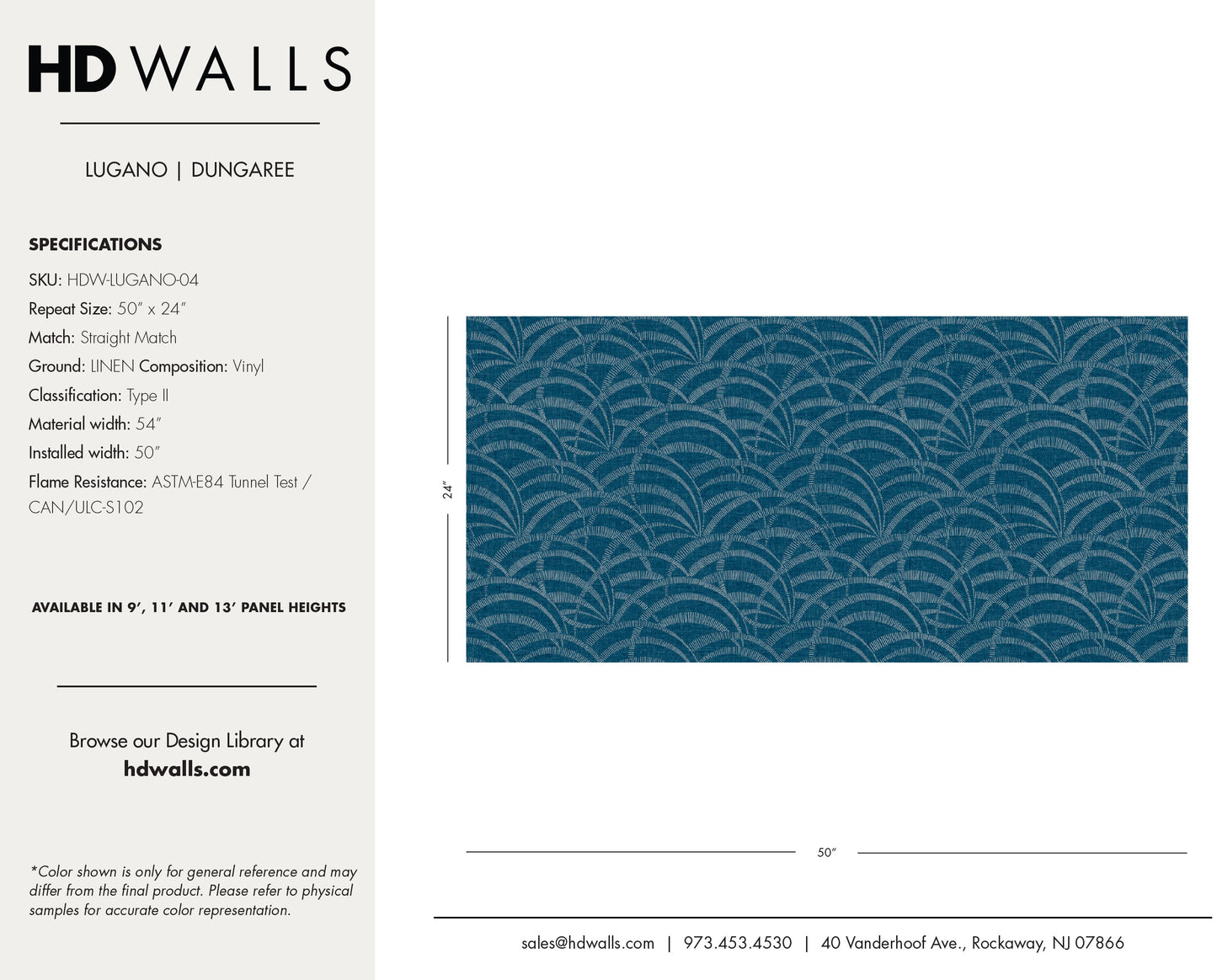 Lugano Dungaree contract-grade performance specifications and architect tearsheet detailing fire-ratings and washability.