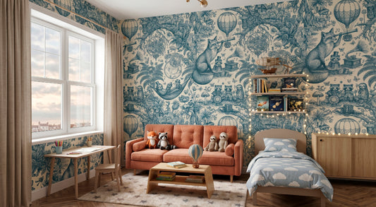 HDWALLS WOODLAND Navy Jute blue woodland toile wallpaper in a child's bedroom with an orange sofa and cloud-pattern bedding.