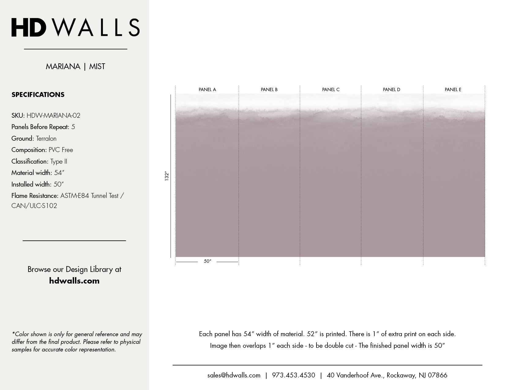 Mariana Mist wallpaper tear sheet – product specifications and colorways by HDWALLS