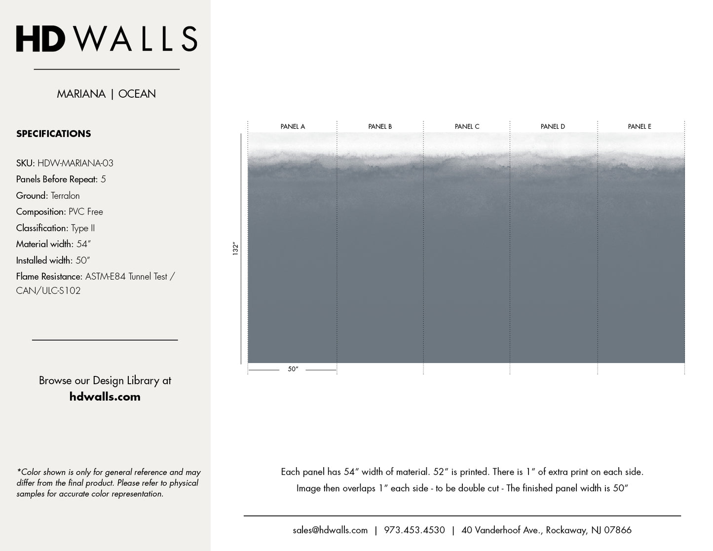 Mariana Ocean wallpaper tear sheet – product specifications and colorways by HDWALLS
