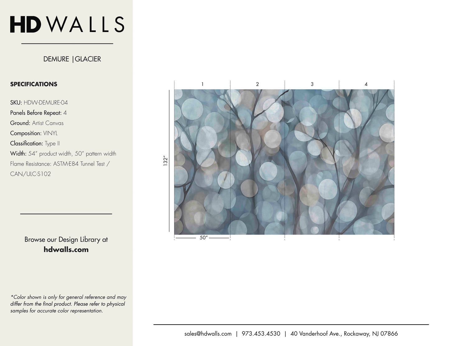 Demure Glacier contract-grade wallcovering technical specifications detailing Class A fire rated data, impact resistance, and commercial performance.