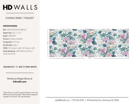 Cynthia Stripe Twilight contract wallcovering technical specifications tearsheet tracking sustainable cellulose blend and low VOC compliance.