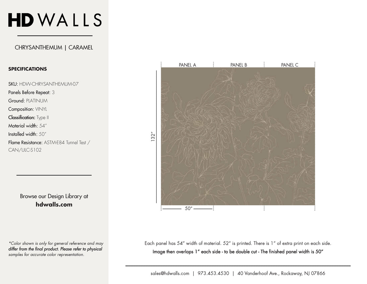 Chrysanthemum Caramel warm taupe floral mural wallcovering spec sheet — HDWALLS Type II vinyl