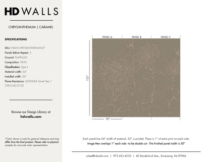 Chrysanthemum Caramel warm taupe floral mural wallcovering spec sheet — HDWALLS Type II vinyl