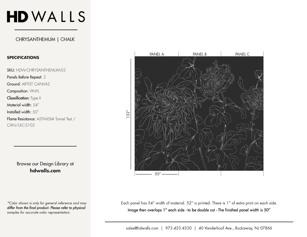 Chrysanthemum Chalk charcoal floral mural wallpaper tear sheet — HDWALLS Type II vinyl