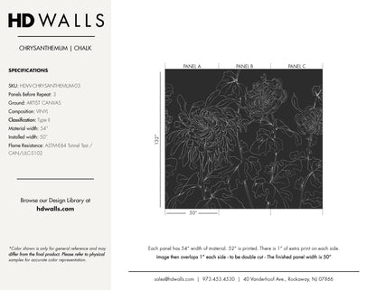 Chrysanthemum Chalk charcoal floral mural wallpaper tear sheet — HDWALLS Type II vinyl