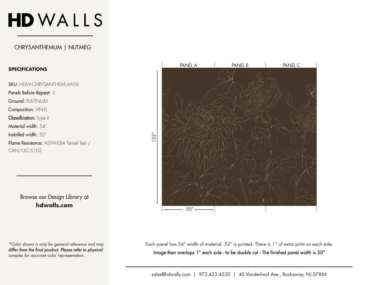 Chrysanthemum Nutmeg warm walnut-brown floral mural wallcovering spec sheet — HDWALLS Type II vinyl