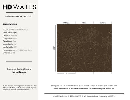 Chrysanthemum Nutmeg warm walnut-brown floral mural wallcovering spec sheet — HDWALLS Type II vinyl