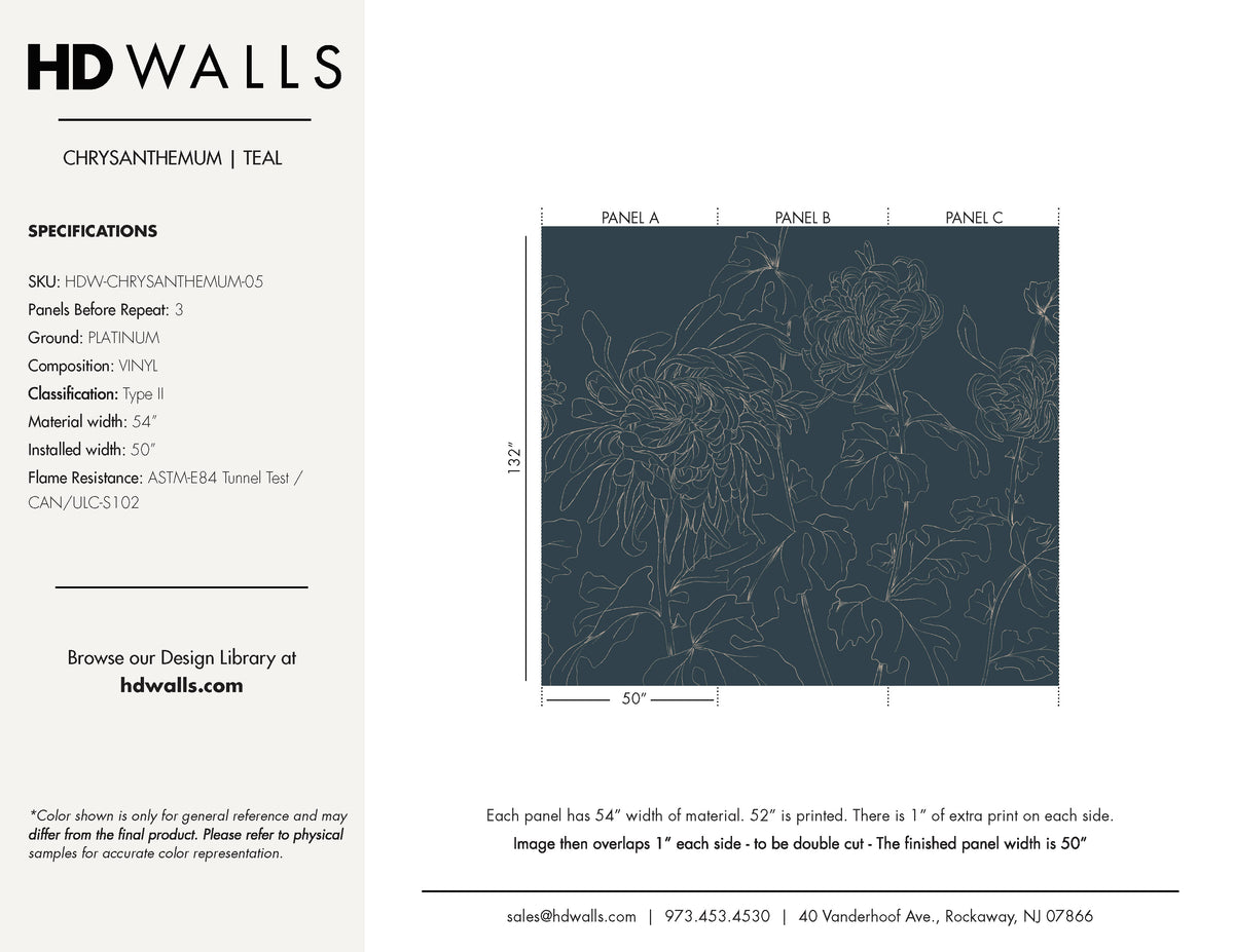 Chrysanthemum Teal deep slate-teal floral mural wallcovering spec sheet — HDWALLS Type II vinyl