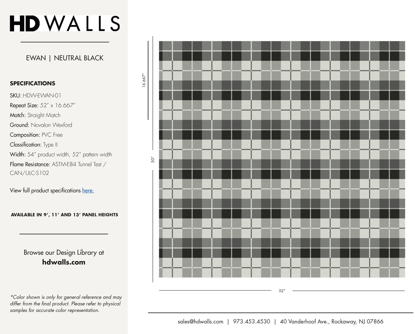 Ewan Neutral Black contract wallcovering technical specifications tearsheet tracking sustainable cellulose blend and low VOC compliance.