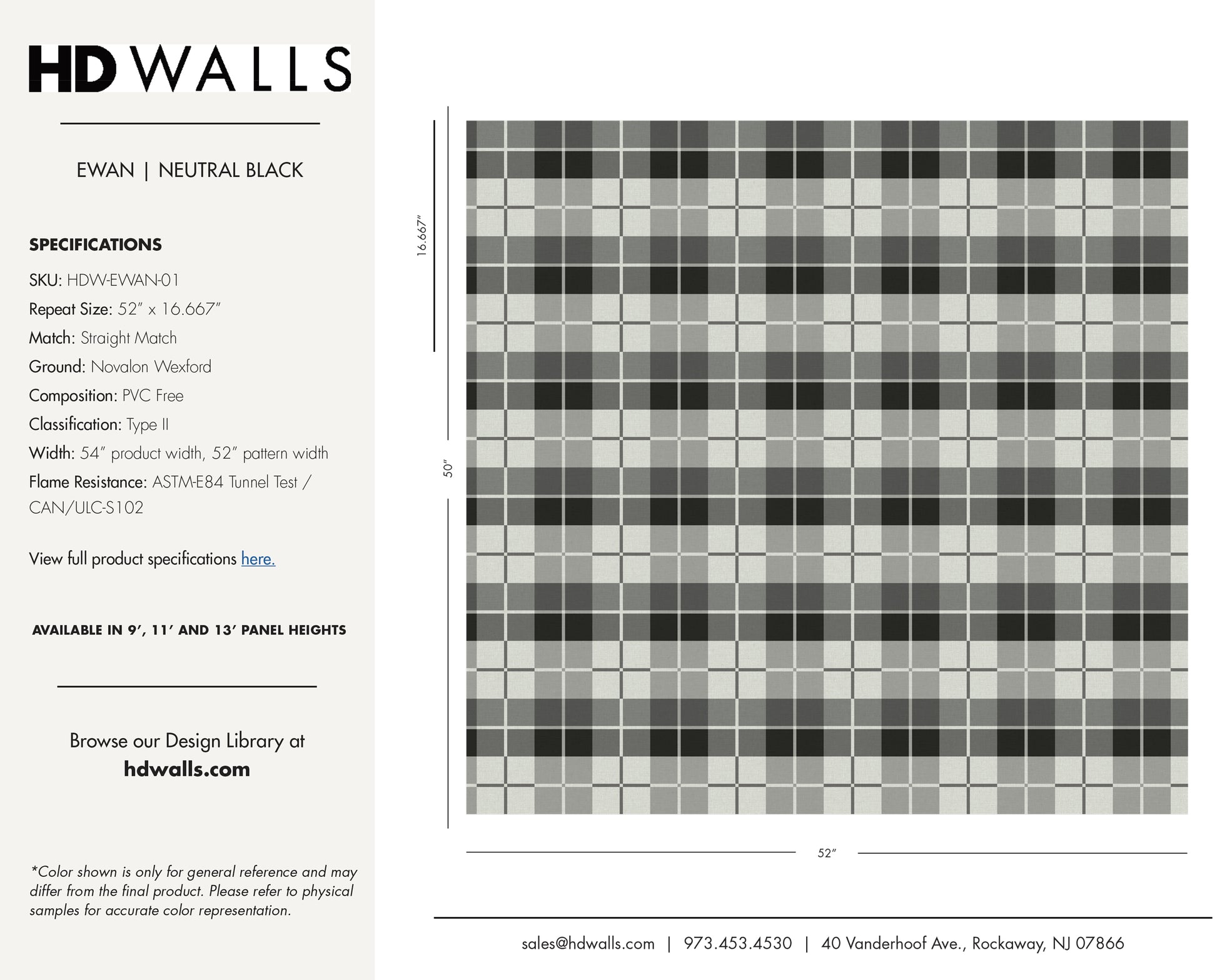 Ewan Neutral Black contract wallcovering technical specifications tearsheet tracking sustainable cellulose blend and low VOC compliance.