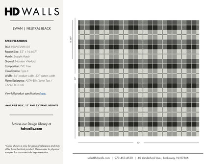 Ewan Neutral Black contract wallcovering technical specifications tearsheet tracking sustainable cellulose blend and low VOC compliance.
