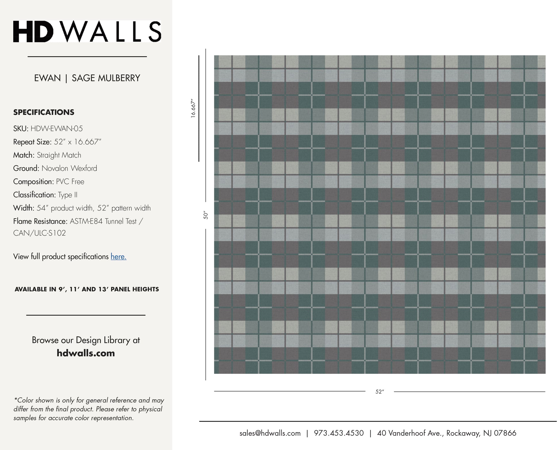 Ewan Sage Mulberry contract wallcovering technical specifications tearsheet tracking sustainable cellulose blend and low VOC compliance.