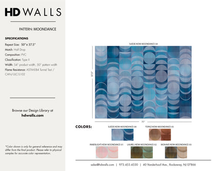 Moondance Suede contract-grade wallcovering technical specifications detailing Class A fire rated data, impact resistance, and commercial performance.