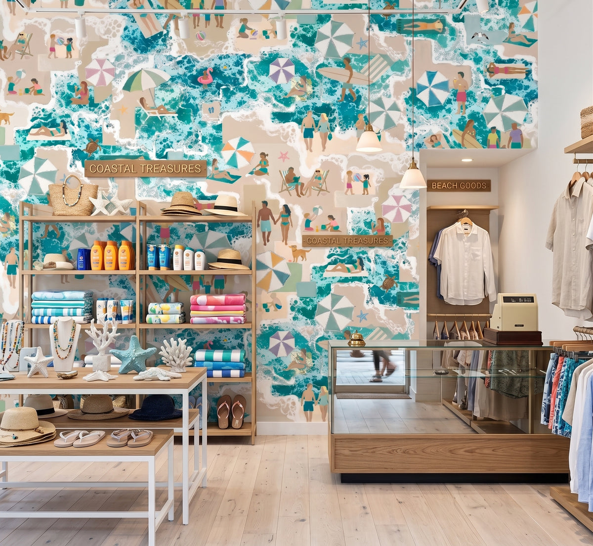 Asbury Seafoam coastal wallcovering installed in a light-filled coastal interior with seafoam walls and natural furnishings