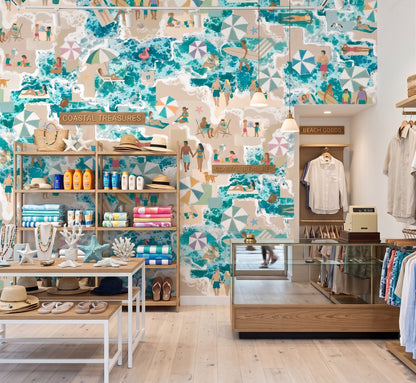 Asbury Seafoam coastal wallcovering installed in a light-filled coastal interior with seafoam walls and natural furnishings