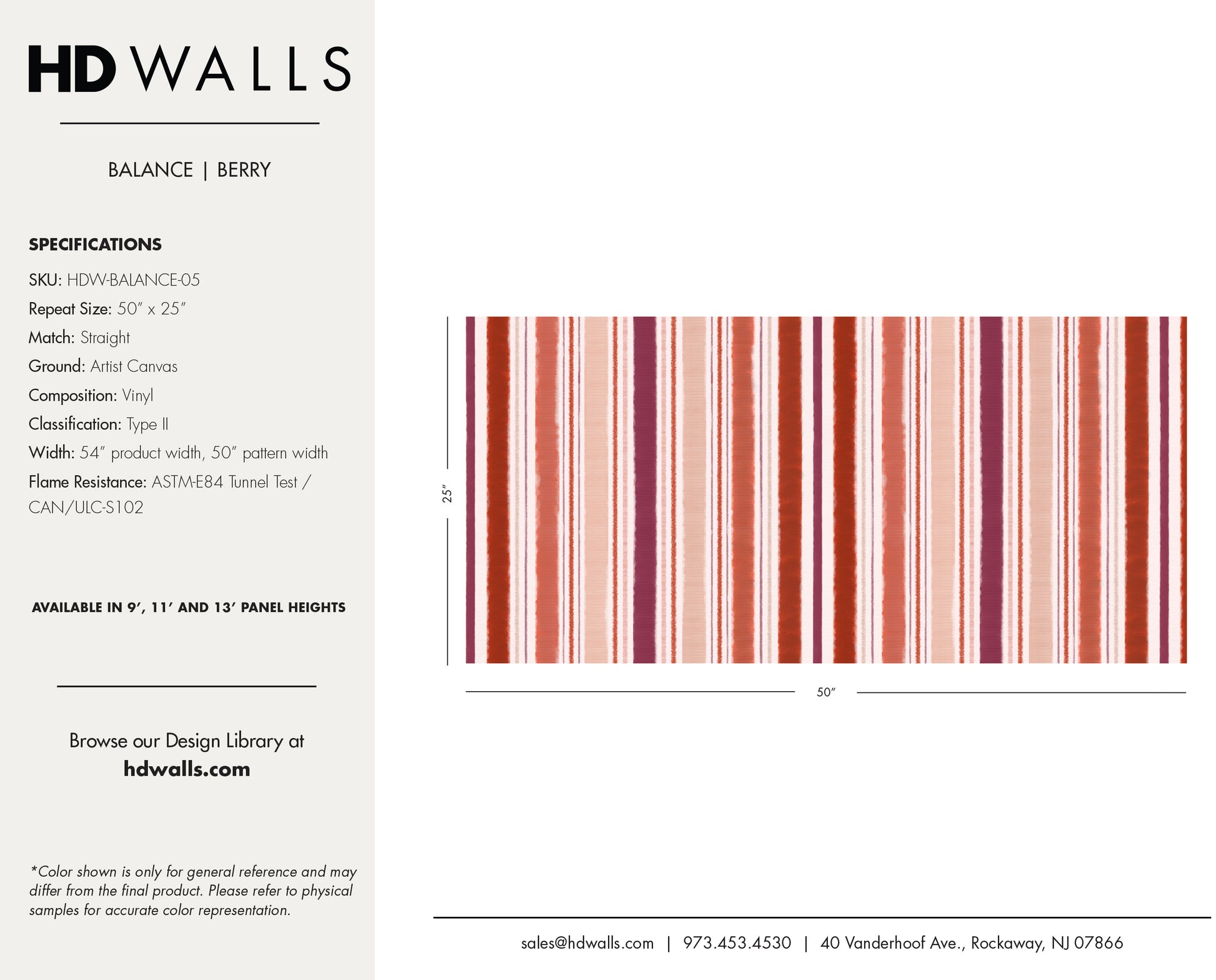 Balance Berry contract-grade wallcovering technical specifications detailing Class A fire rated data, impact resistance, and commercial performance.