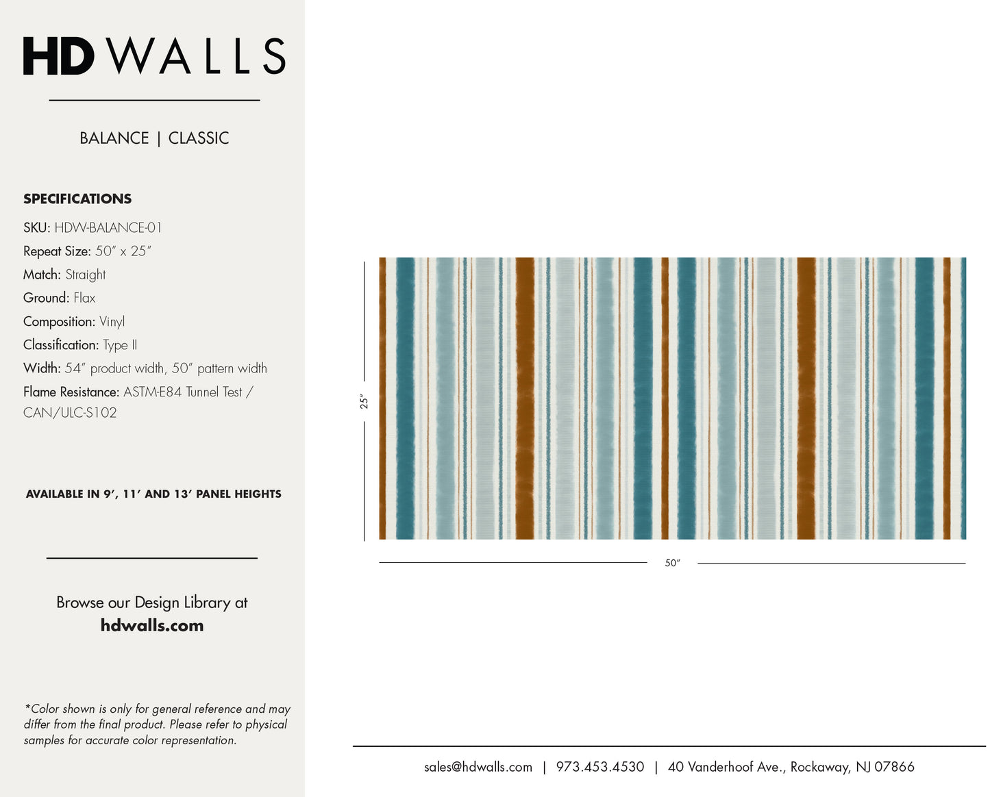 Product specification sheet for striped wallpaper with HD Walls branding.
