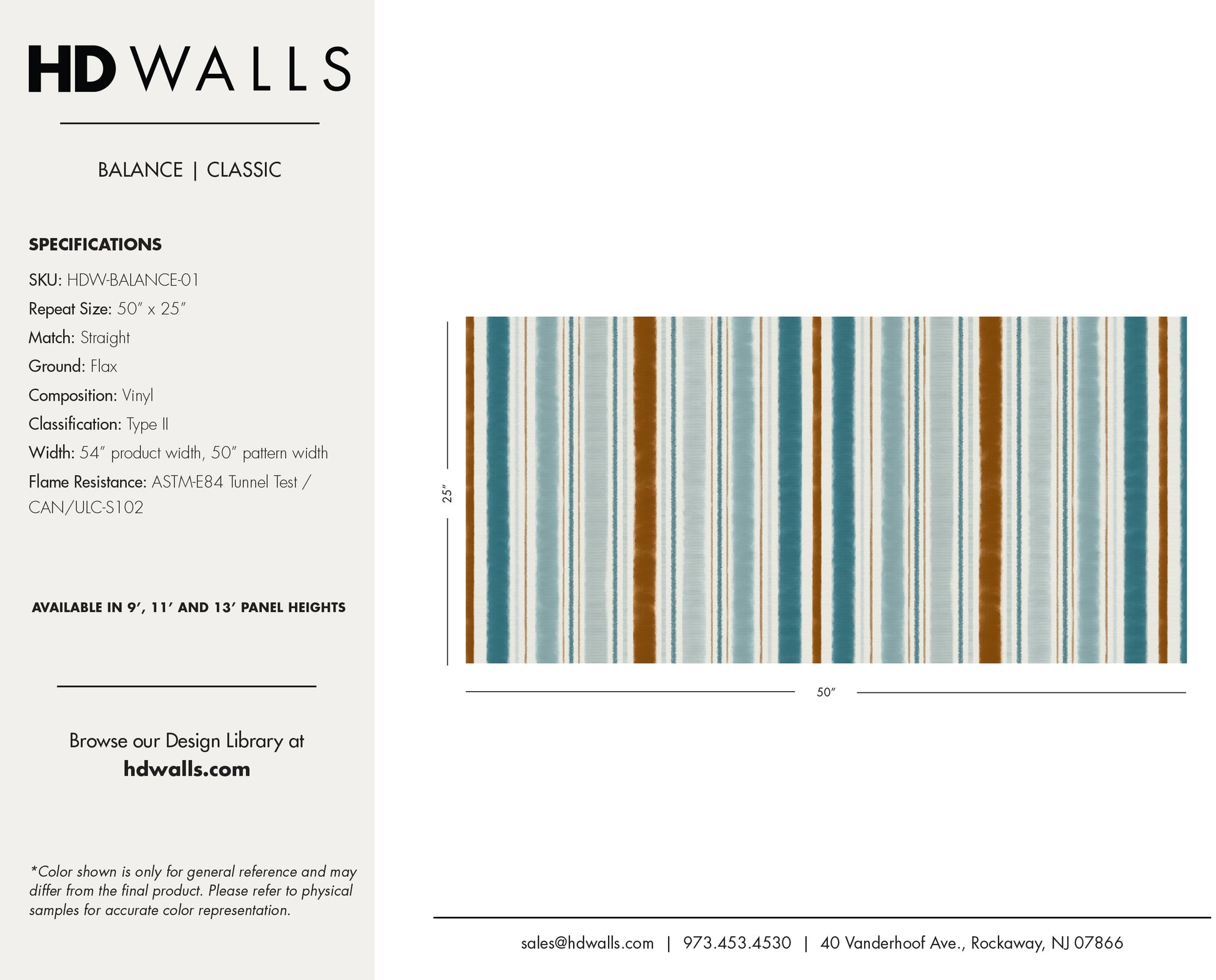 Product specification sheet for striped wallpaper with HD Walls branding.