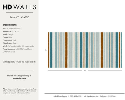 Product specification sheet for striped wallpaper with HD Walls branding.