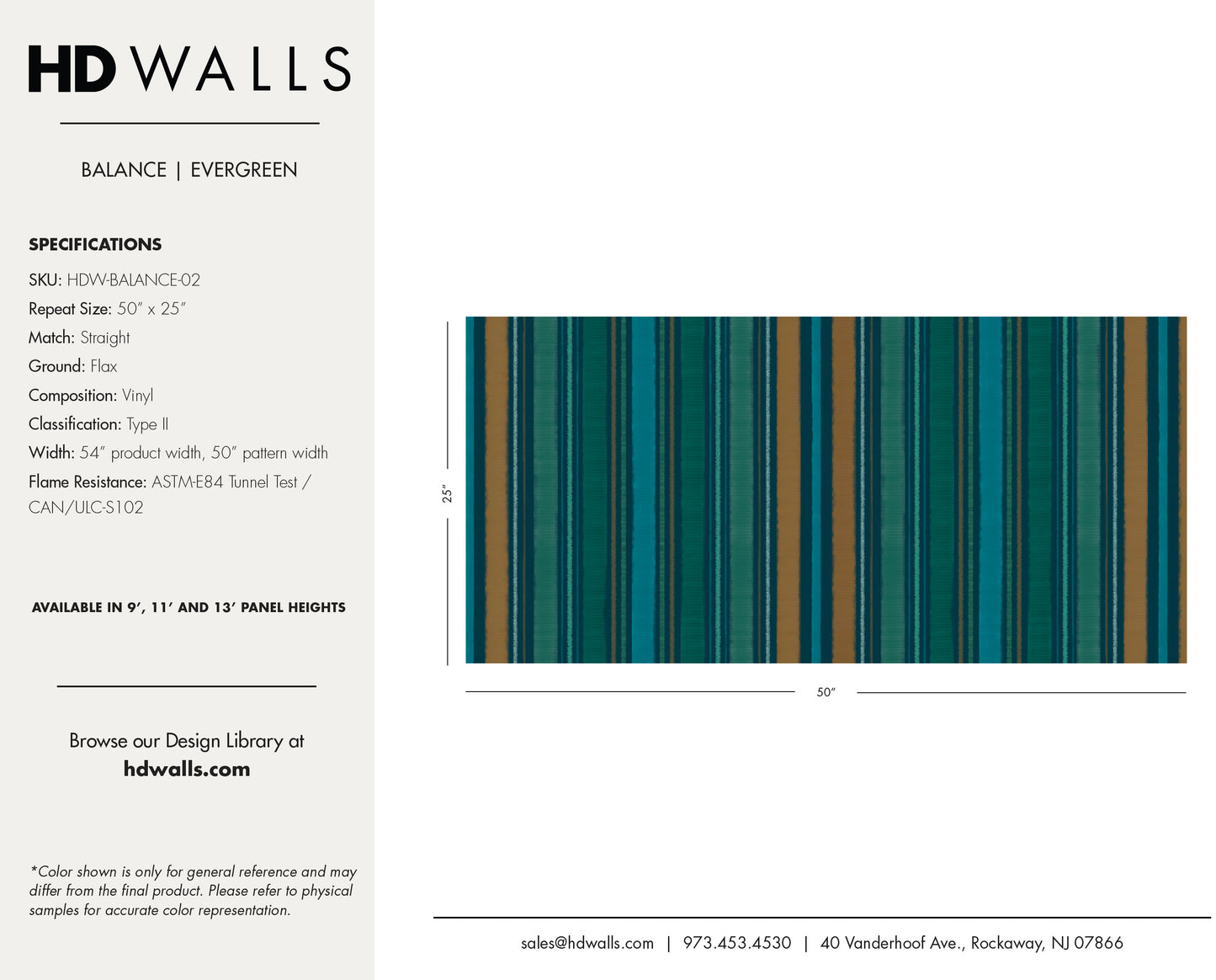 Balance Evergreen contract-grade wallcovering technical specifications detailing Class A fire rated data, impact resistance, and commercial performance.