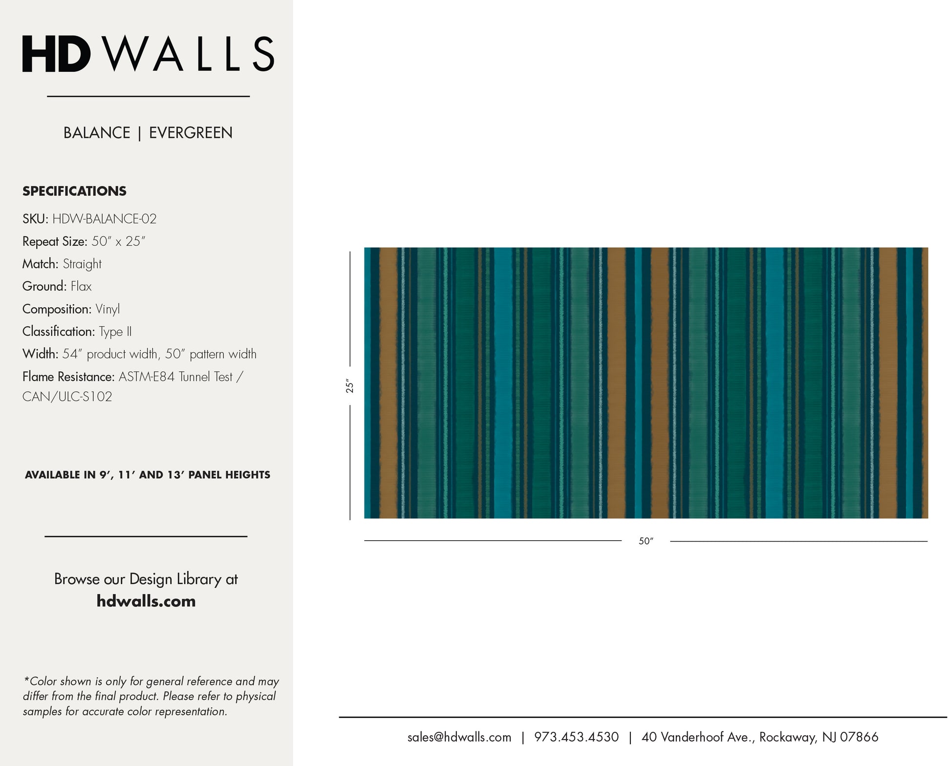 Balance Evergreen contract-grade wallcovering technical specifications detailing Class A fire rated data, impact resistance, and commercial performance.