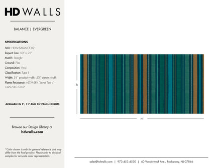 Balance Evergreen contract-grade wallcovering technical specifications detailing Class A fire rated data, impact resistance, and commercial performance.