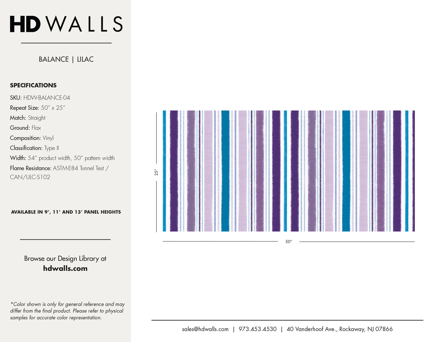 Balance Lilac contract-grade wallcovering technical specifications detailing Class A fire rated data, impact resistance, and commercial performance.