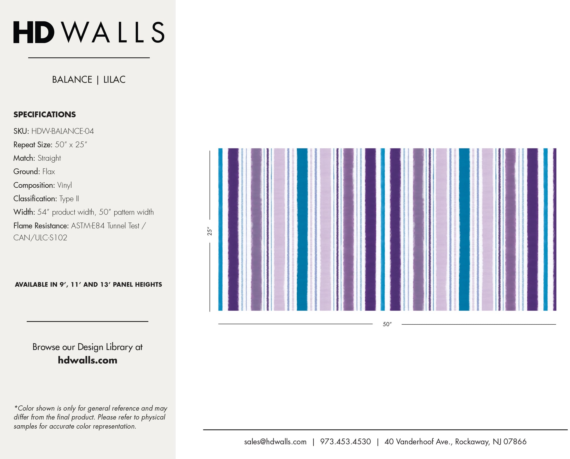 Balance Lilac contract-grade wallcovering technical specifications detailing Class A fire rated data, impact resistance, and commercial performance.