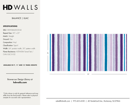 Balance Lilac contract-grade wallcovering technical specifications detailing Class A fire rated data, impact resistance, and commercial performance.