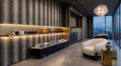 Ceylon Black Pepper commercial vinyl wallcovering installed in a minimalist luxury high-rise showroom with charcoal walls, warm lighting, and city skyline views