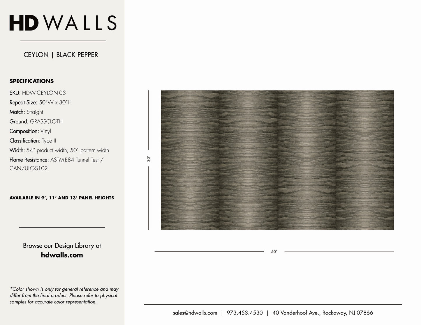 HDWALLS Ceylon Black Pepper Type II vinyl wallcovering spec sheet — SKU HDW-CEYLON-03, 54" wide, straight match, ASTM-E84 flame rated