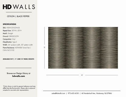 HDWALLS Ceylon Black Pepper Type II vinyl wallcovering spec sheet — SKU HDW-CEYLON-03, 54" wide, straight match, ASTM-E84 flame rated