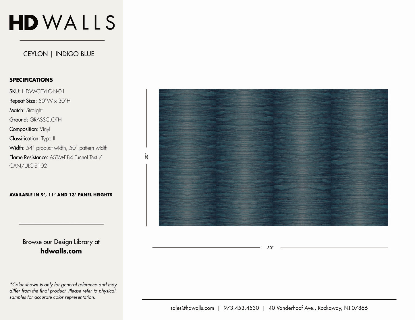 HDWALLS Ceylon Indigo Blue Type II vinyl wallcovering spec sheet — SKU HDW-CEYLON-01, 54" wide, straight match, ASTM-E84 flame rated