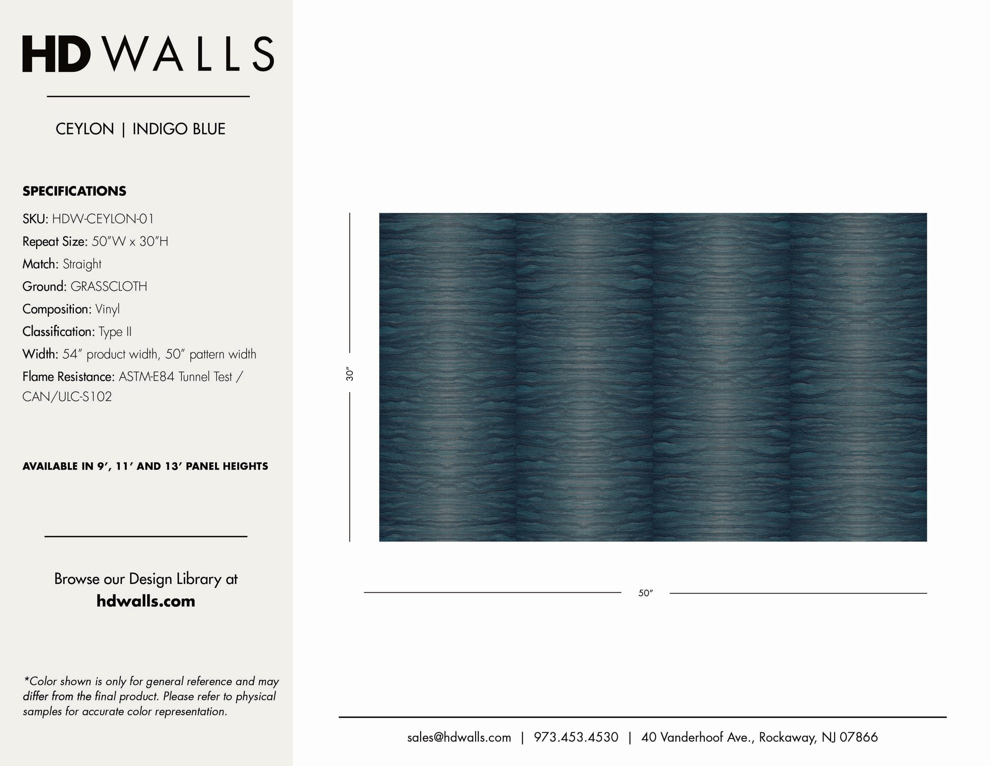 HDWALLS Ceylon Indigo Blue Type II vinyl wallcovering spec sheet — SKU HDW-CEYLON-01, 54" wide, straight match, ASTM-E84 flame rated