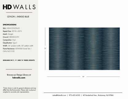 HDWALLS Ceylon Indigo Blue Type II vinyl wallcovering spec sheet — SKU HDW-CEYLON-01, 54" wide, straight match, ASTM-E84 flame rated