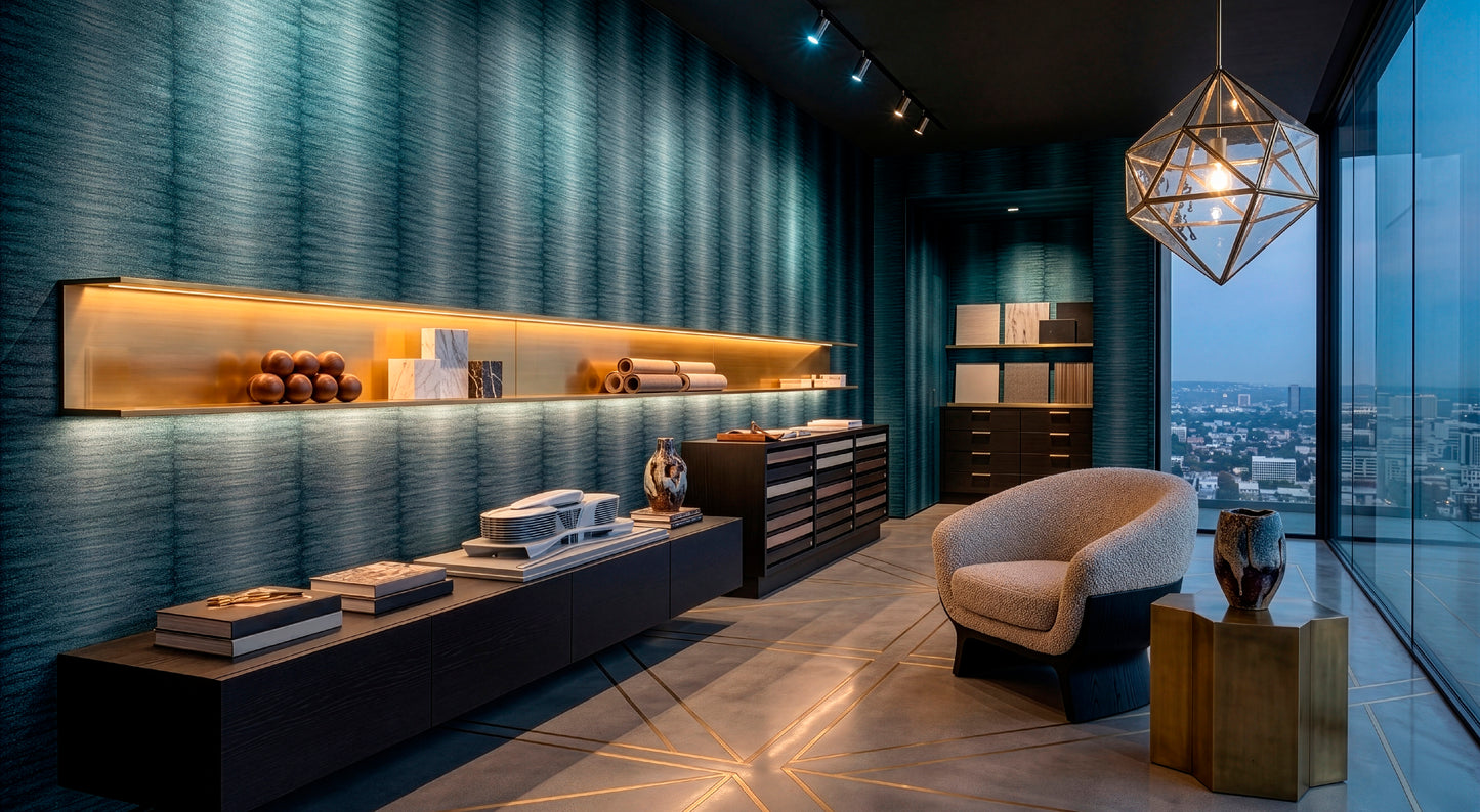 Ceylon Indigo Blue commercial vinyl wallcovering installed in a luxury high-rise office lounge with moody indigo walls and modern furnishings