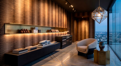 Ceylon Nutmeg Spice commercial vinyl wallcovering installed in a luxury high-rise lounge with warm amber walls, track lighting, and modern furnishings