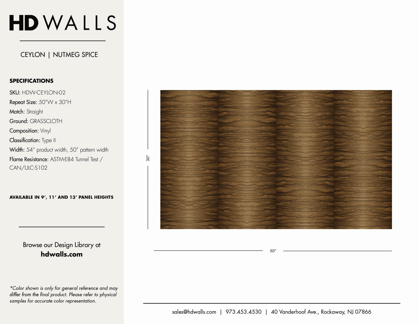 HDWALLS Ceylon Nutmeg Spice Type II vinyl wallcovering spec sheet — SKU HDW-CEYLON-02, 54" wide, straight match, ASTM-E84 flame rated