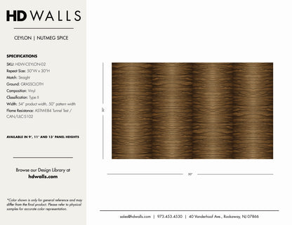 HDWALLS Ceylon Nutmeg Spice Type II vinyl wallcovering spec sheet — SKU HDW-CEYLON-02, 54" wide, straight match, ASTM-E84 flame rated