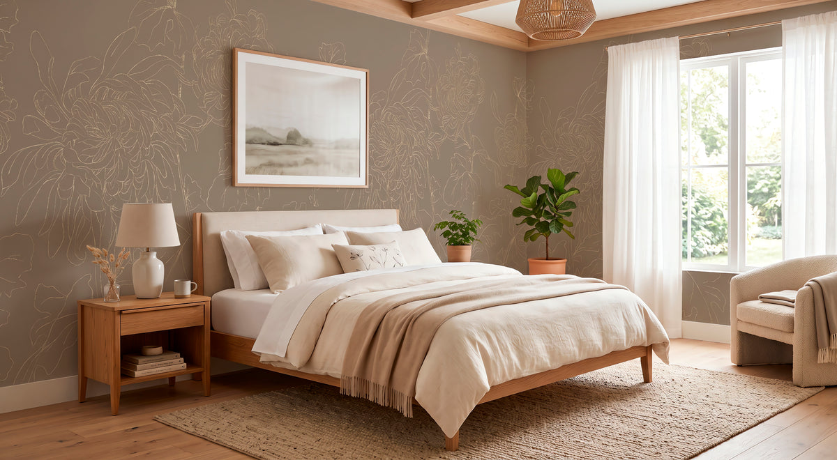 Chrysanthemum Caramel warm taupe floral mural wallpaper installed in a soft, neutral interior — HDWALLS