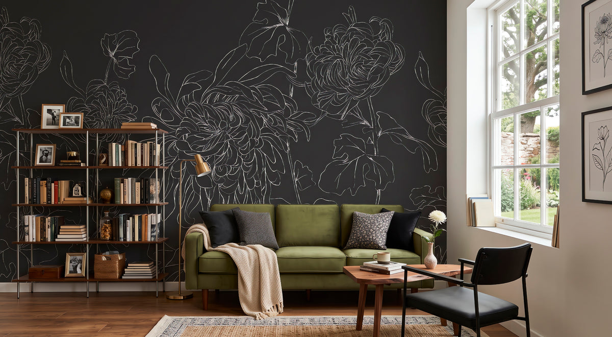 Chrysanthemum Chalk charcoal floral mural wallpaper installed in a moody, contemporary interior — HDWALLS