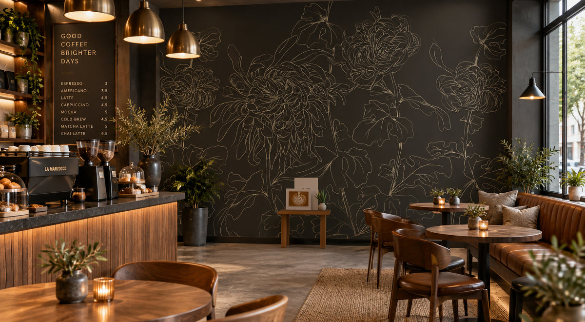 Chrysanthemum Hicory dark olive floral mural wallpaper installed in a warm, contemporary interior — HDWALLS