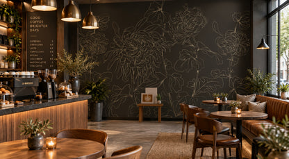 Chrysanthemum Hicory dark olive floral mural wallpaper installed in a warm, contemporary interior — HDWALLS