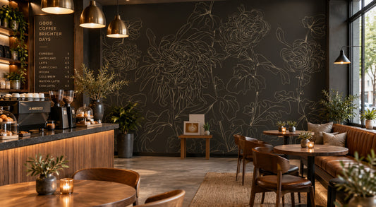 Chrysanthemum Hicory dark olive floral mural wallpaper installed in a warm, contemporary interior — HDWALLS